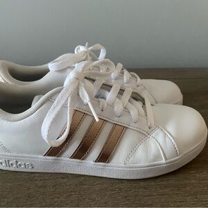 Adidas White Sneakers with Gold Stripes - Kids size 5/Womens size 6.5